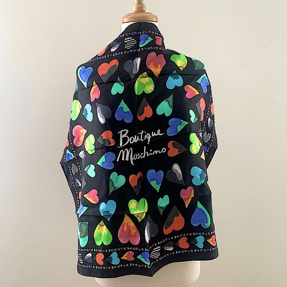 NWT Boutique MOSCHINO Multi Color watercolor Heart Scarf - Black